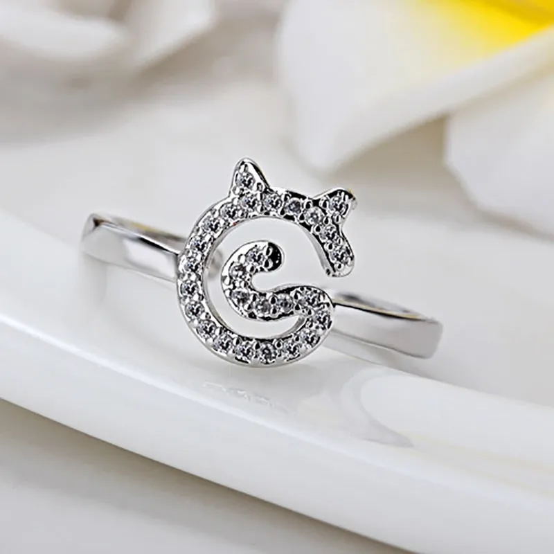 Silver Plated Ring with CZ Cat Adjustable Ring