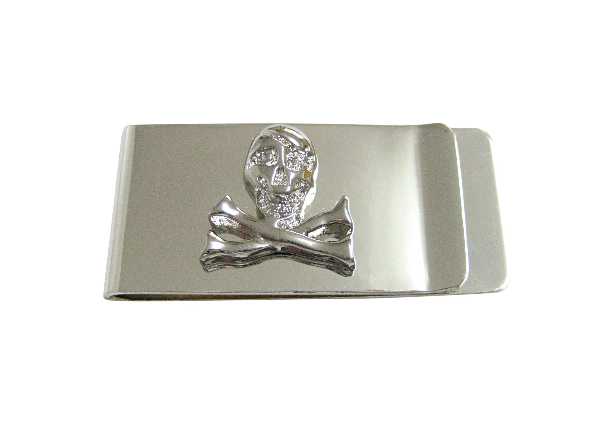 Silver Toned Shiny Skull Cross Bones Money Clip