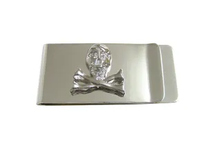 Silver Toned Shiny Skull Cross Bones Money Clip