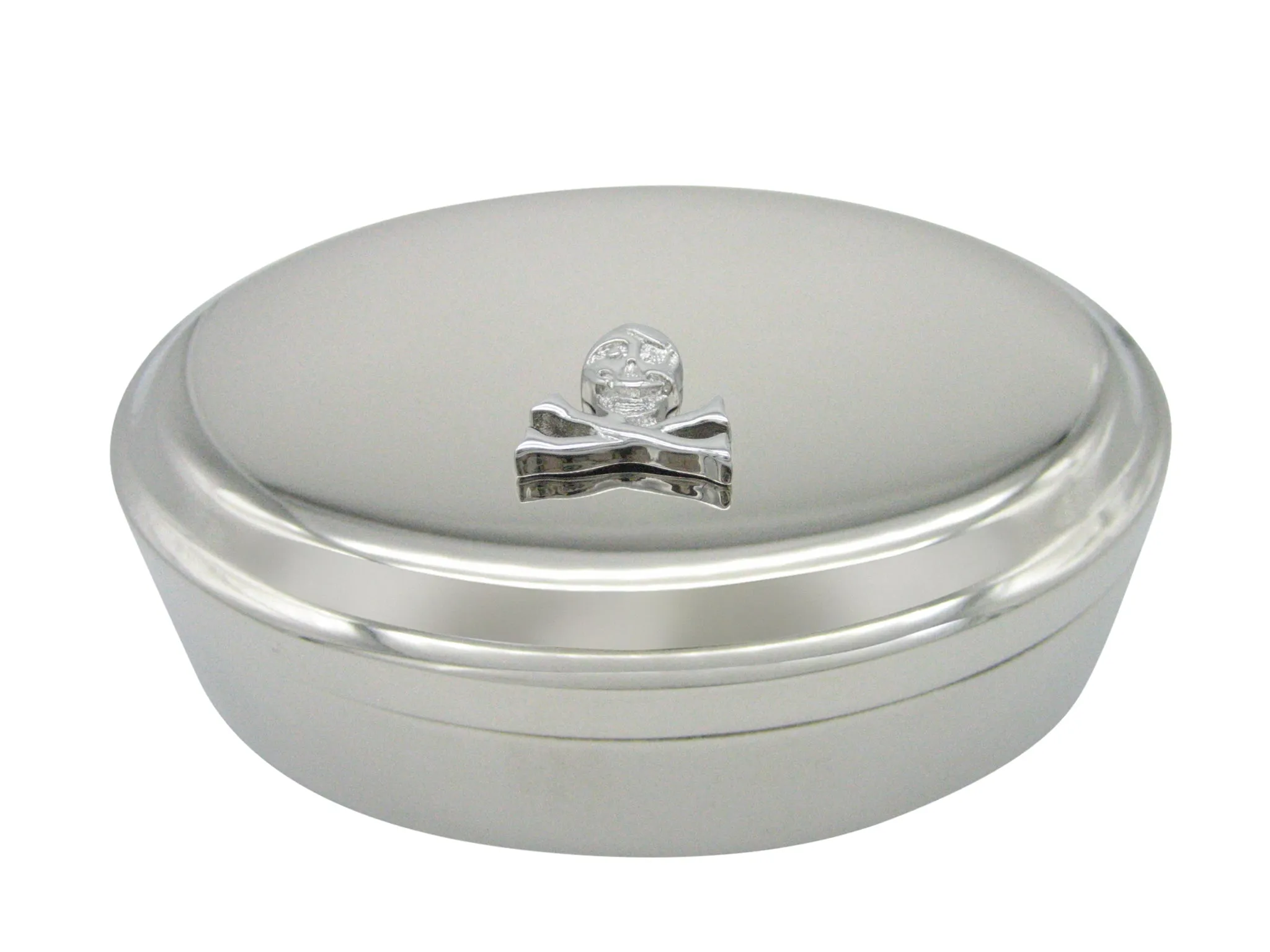 Silver Toned Shiny Skull Cross Bones Pendant Oval Trinket Jewelry Box