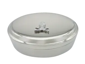 Silver Toned Shiny Skull Cross Bones Pendant Oval Trinket Jewelry Box