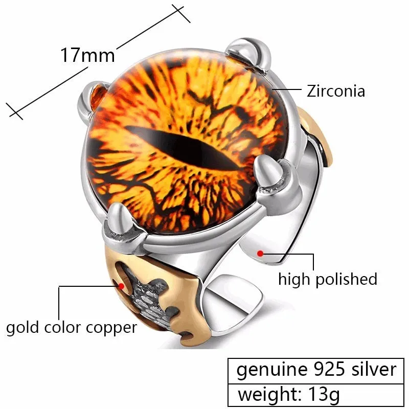 Solid 925 Silver Adjustable All Seeing Eye Vintage Yellow Cubic Zirconia Ring