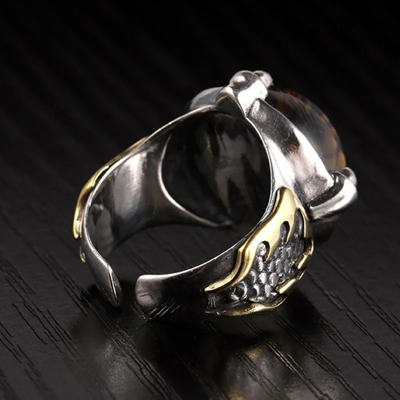 Solid 925 Silver Adjustable All Seeing Eye Vintage Yellow Cubic Zirconia Ring