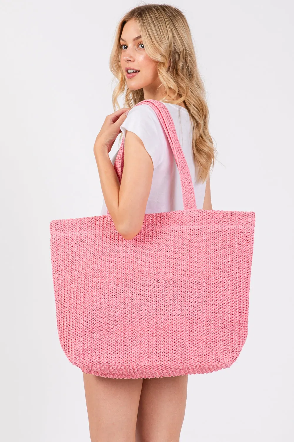 Solid Crochet Straw Bag Zipper Closure and Inner Pocket Pink - Pack of 6
