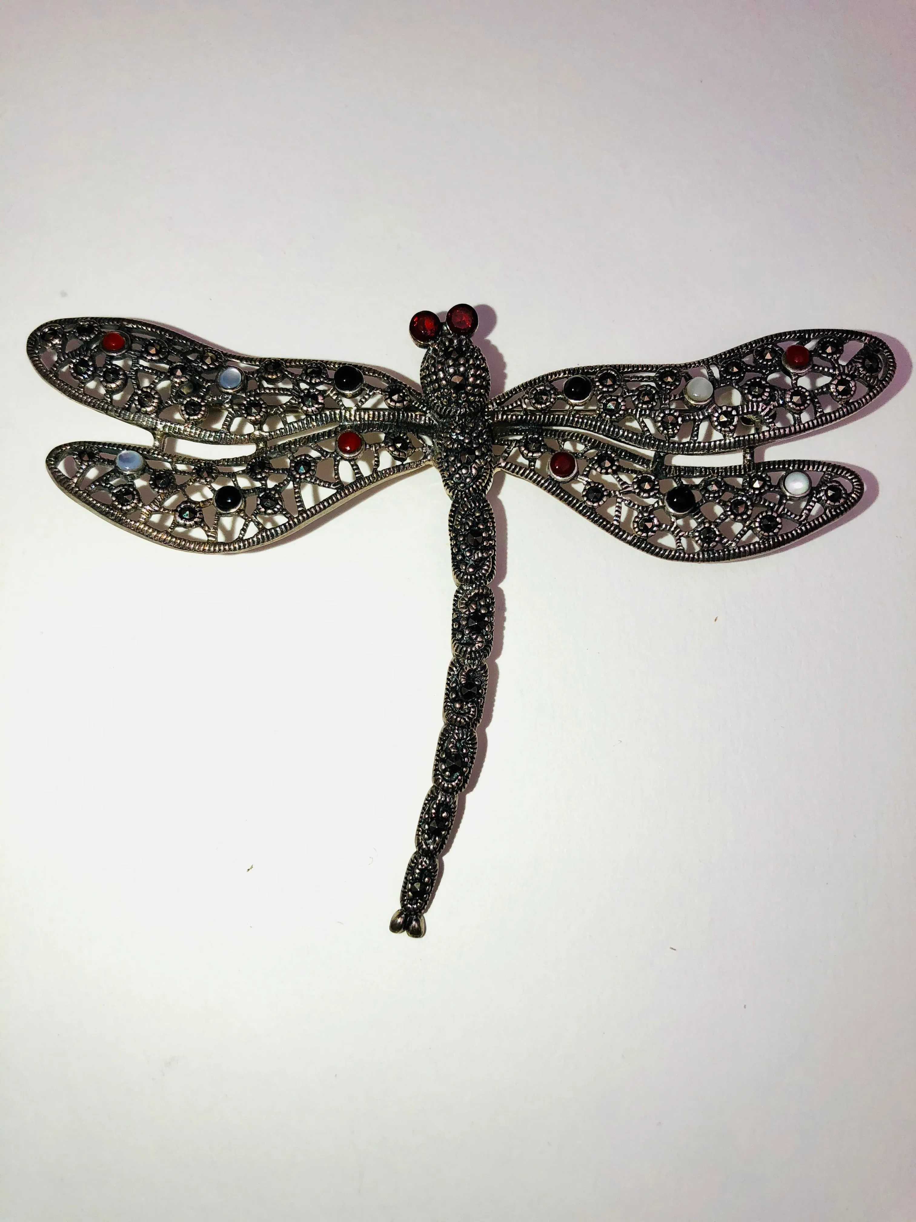 Sterling Dragonfly Brooch Garnets Marquisites