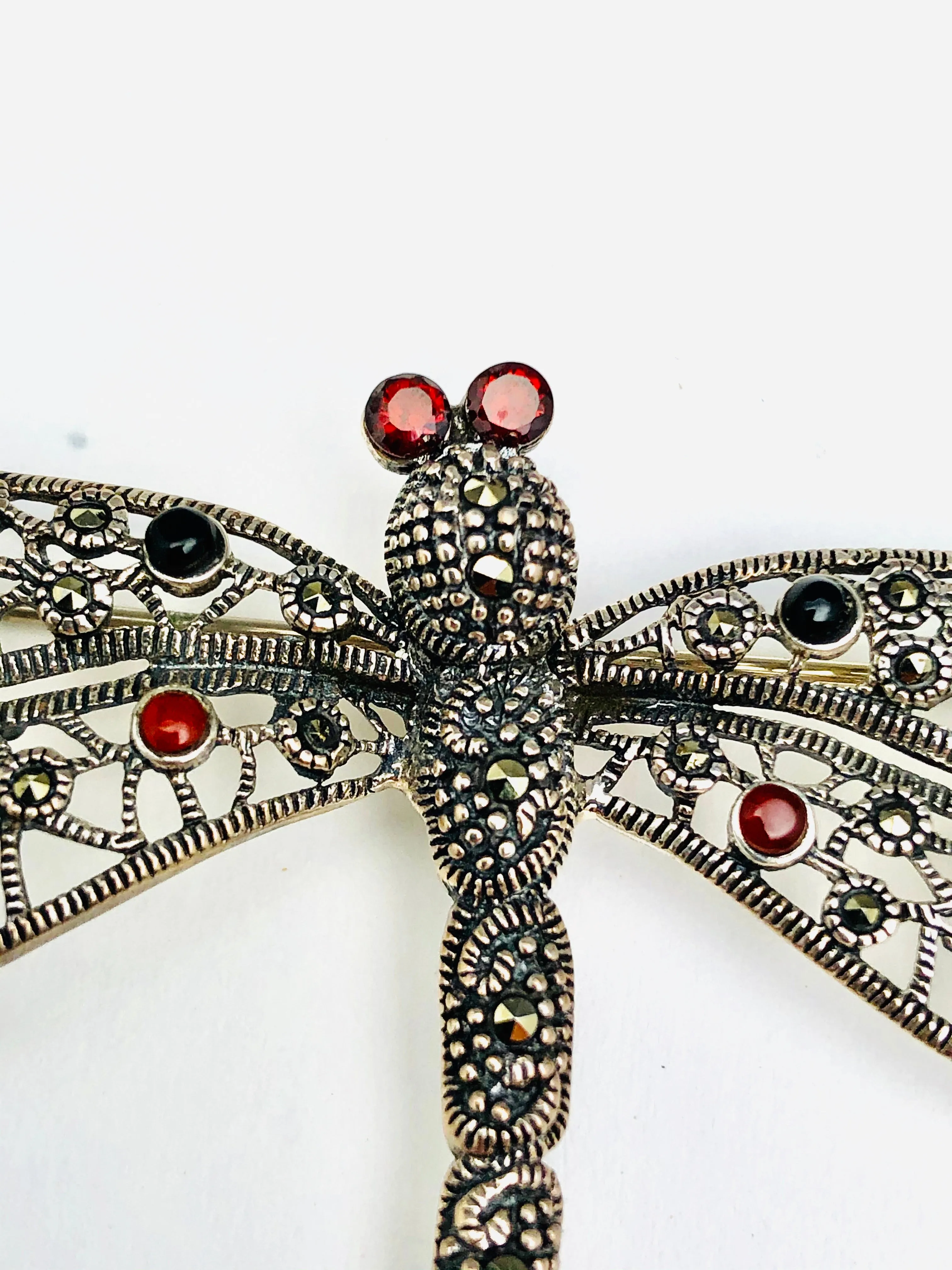 Sterling Dragonfly Brooch Garnets Marquisites