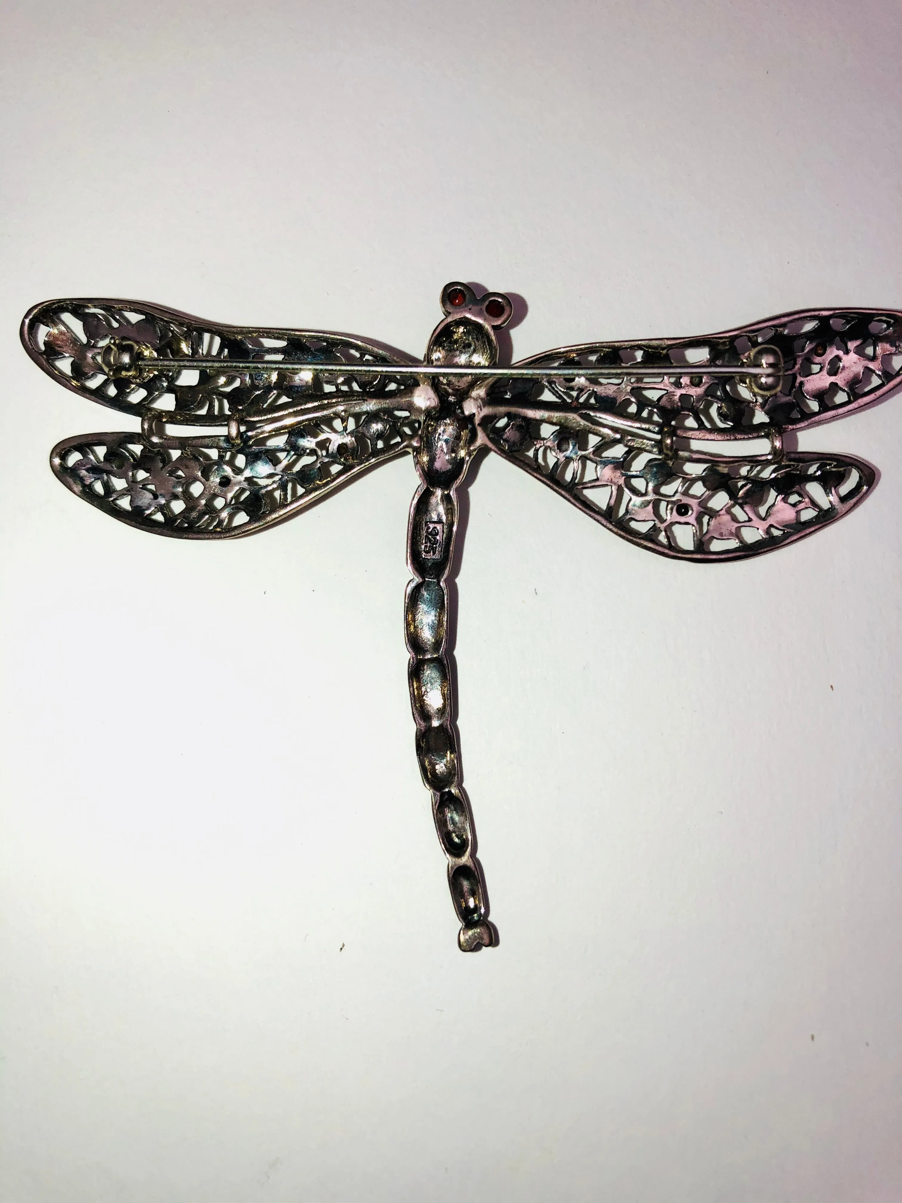 Sterling Dragonfly Brooch Garnets Marquisites