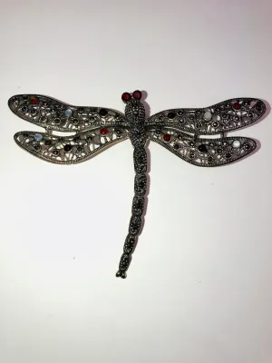 Sterling Dragonfly Brooch Garnets Marquisites