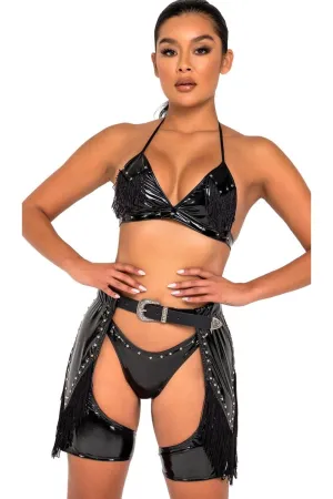 Studded Vinyl Belt Chaps with Belt and Fringe