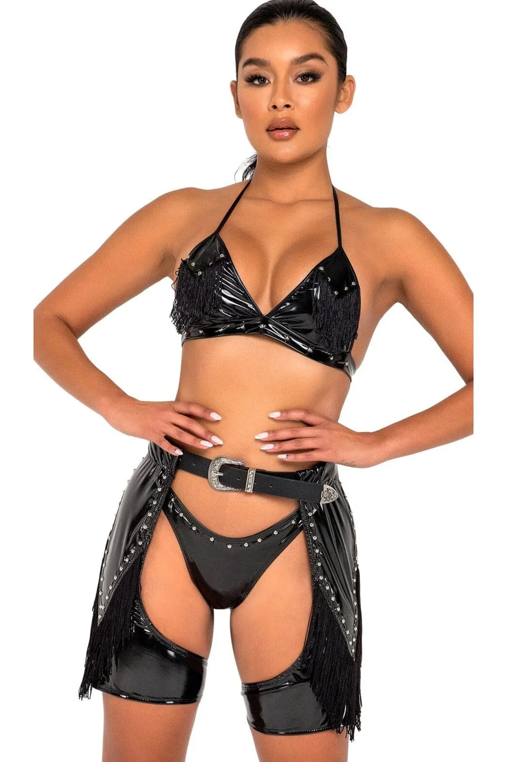Studded Vinyl Belt Chaps with Belt and Fringe