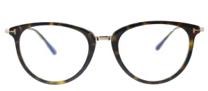 Tom Ford Soft FT 5640-B 052 Round Plastic Shiny Dark Havana And Gold Eyeglasses with Blue Block Lens