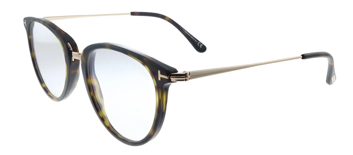Tom Ford Soft FT 5640-B 052 Round Plastic Shiny Dark Havana And Gold Eyeglasses with Blue Block Lens