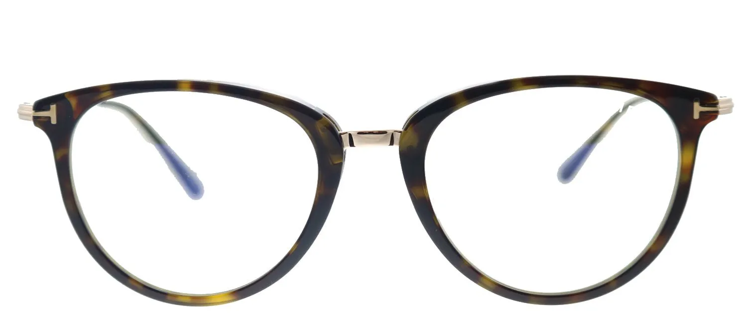 Tom Ford Soft FT 5640-B 052 Round Plastic Shiny Dark Havana And Gold Eyeglasses with Blue Block Lens