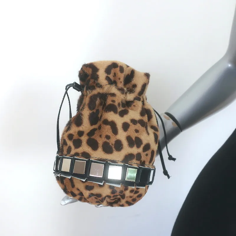 Tomasini Lucile Mini Bucket Bag Leopard Print Calf Hair Crossbody