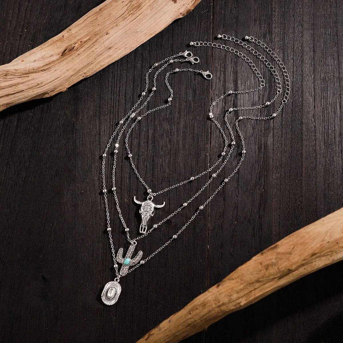 Trendy Layered Bull Cactus Cowboy Hat Pendant Necklace Set