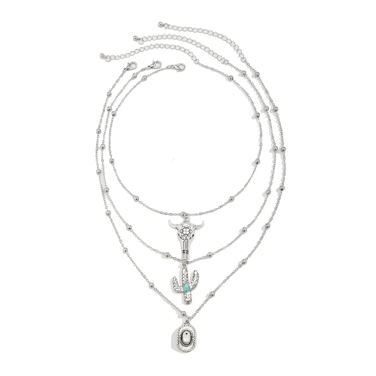 Trendy Layered Bull Cactus Cowboy Hat Pendant Necklace Set