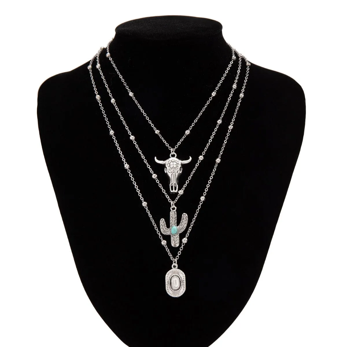 Trendy Layered Bull Cactus Cowboy Hat Pendant Necklace Set