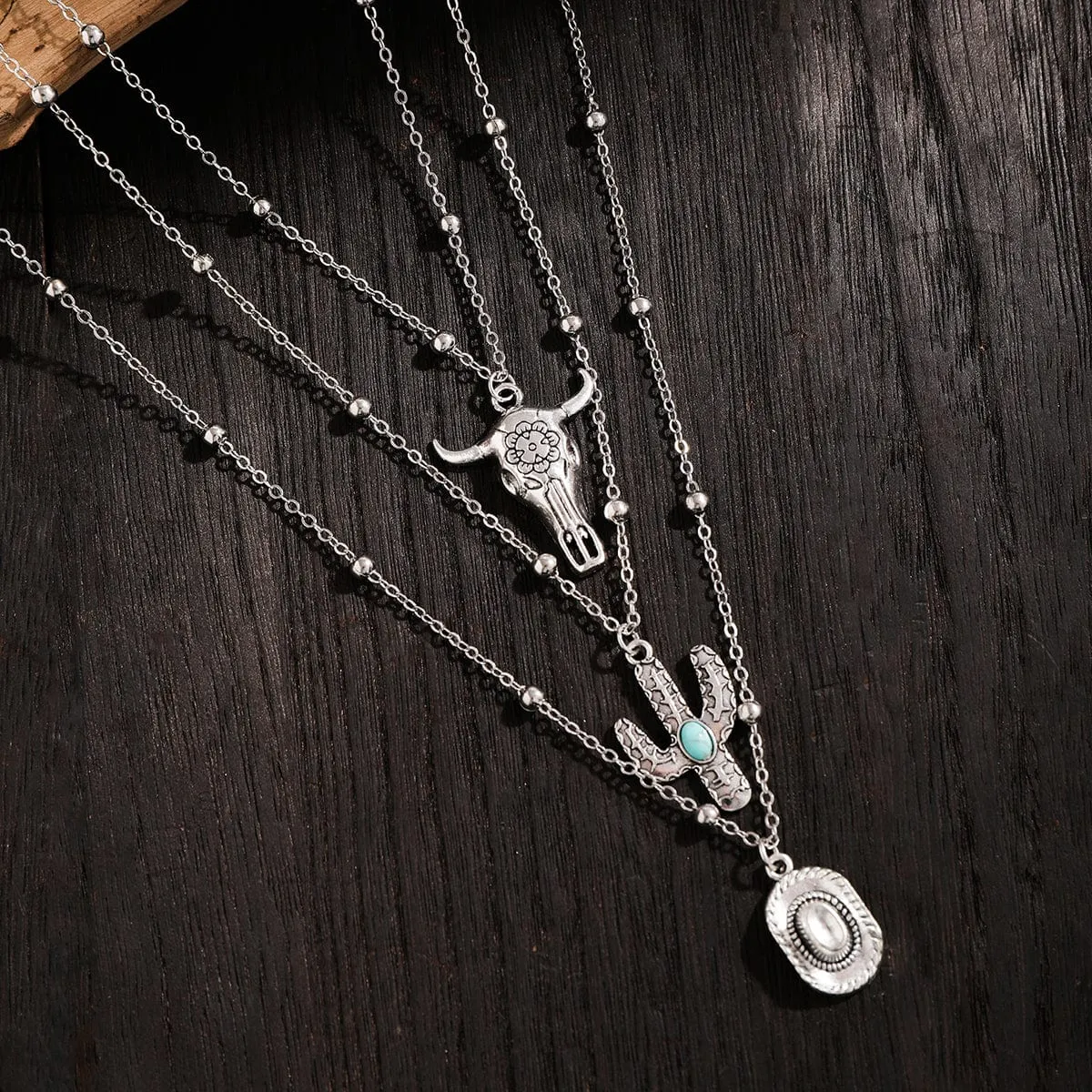 Trendy Layered Bull Cactus Cowboy Hat Pendant Necklace Set
