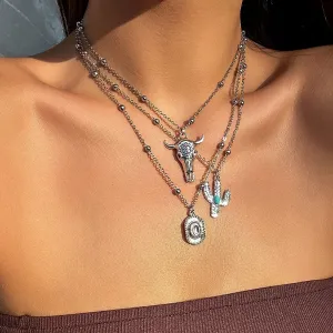 Trendy Layered Bull Cactus Cowboy Hat Pendant Necklace Set