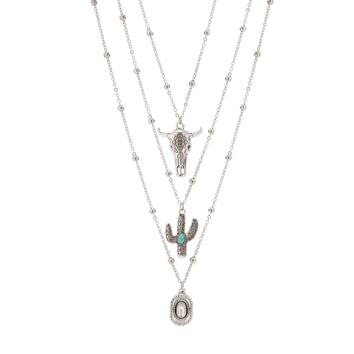 Trendy Layered Bull Cactus Cowboy Hat Pendant Necklace Set