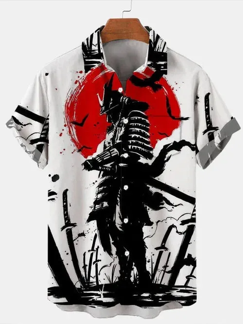 Trendy Samurai Print Short Sleeve Shirt