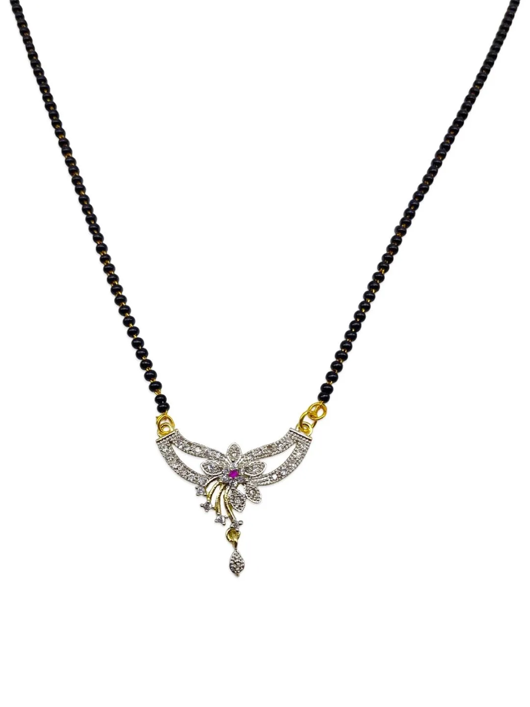 Trendy Short Mangalsutra Designs American Diamond Flower Pendant Simple Black Beads Chain