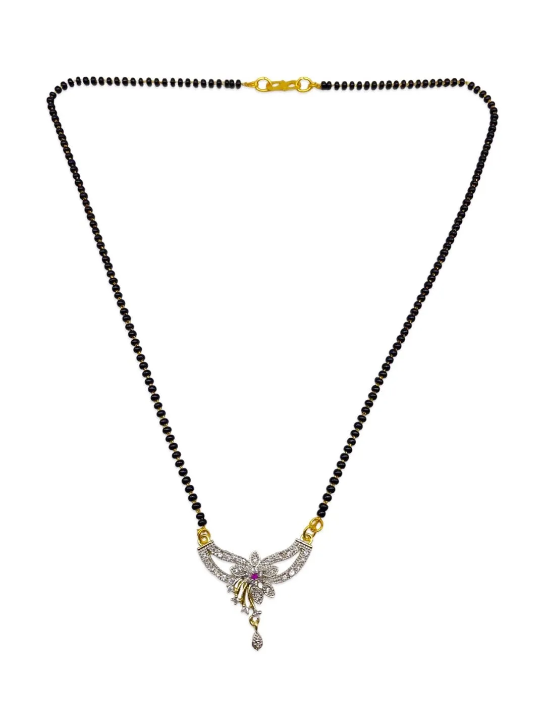 Trendy Short Mangalsutra Designs American Diamond Flower Pendant Simple Black Beads Chain