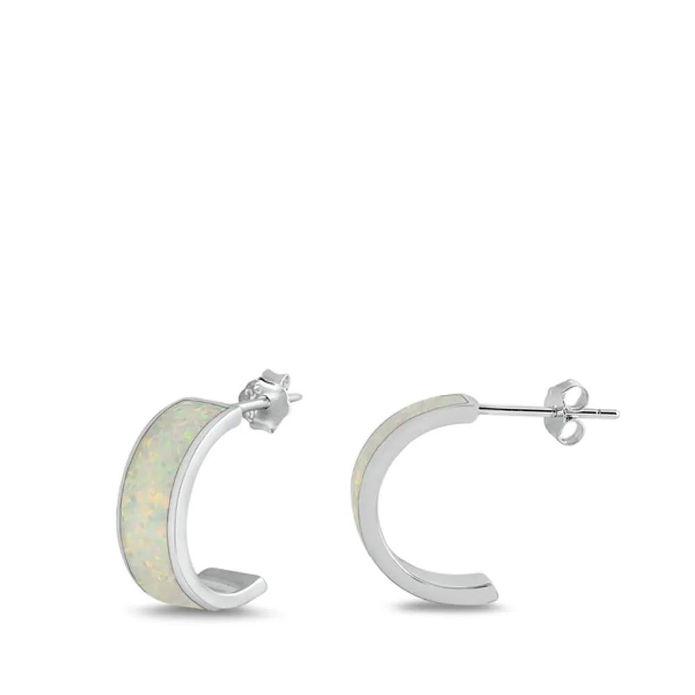 Trendy Sterling Silver White Opal Half Hoop High Polished Earrings 925 New