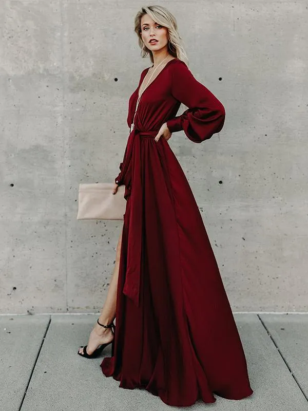 V-neck Long Sleeves Belted Maxi Dress