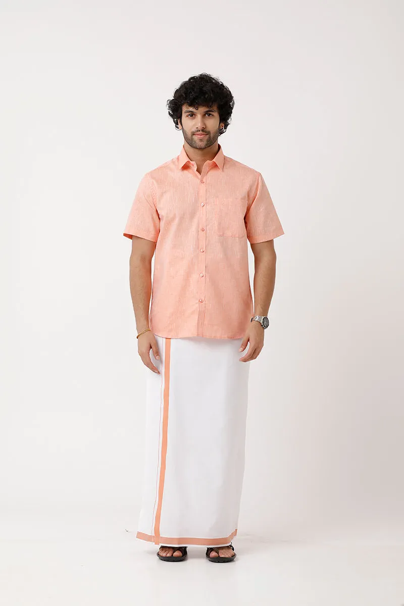 Varna - Peach Orange  Single Layered Dhoti With Fancy Borders For Men | Uathayam