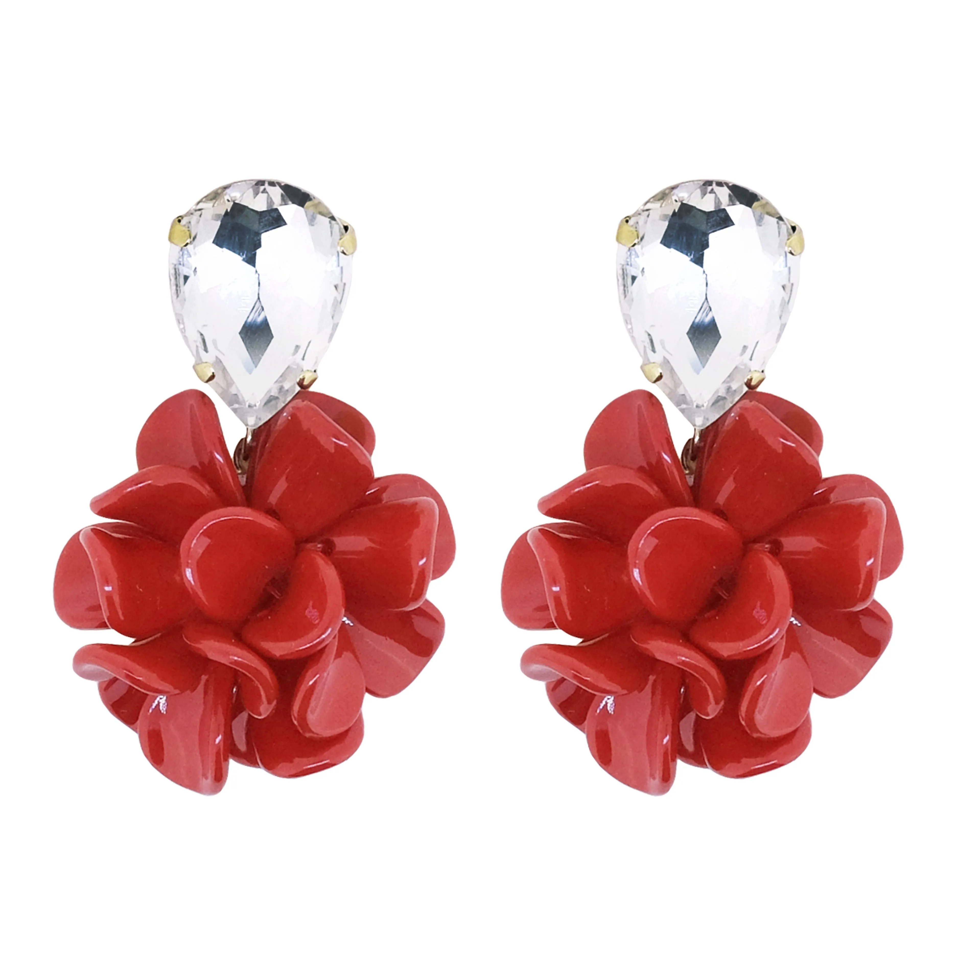 Venetian Red - Laquer Effect Dahlia Dangle Drop Crystal Earrings
