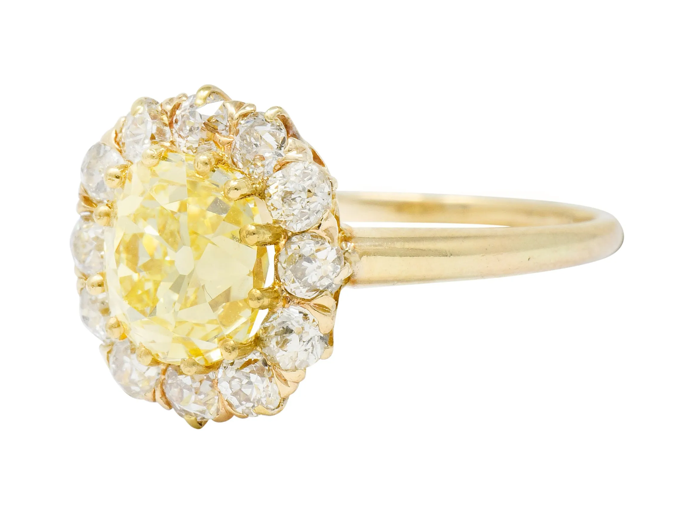Victorian 2.59 CTW Fancy Yellow Diamond 14 Karat Gold Cluster Engagement Ring GIA