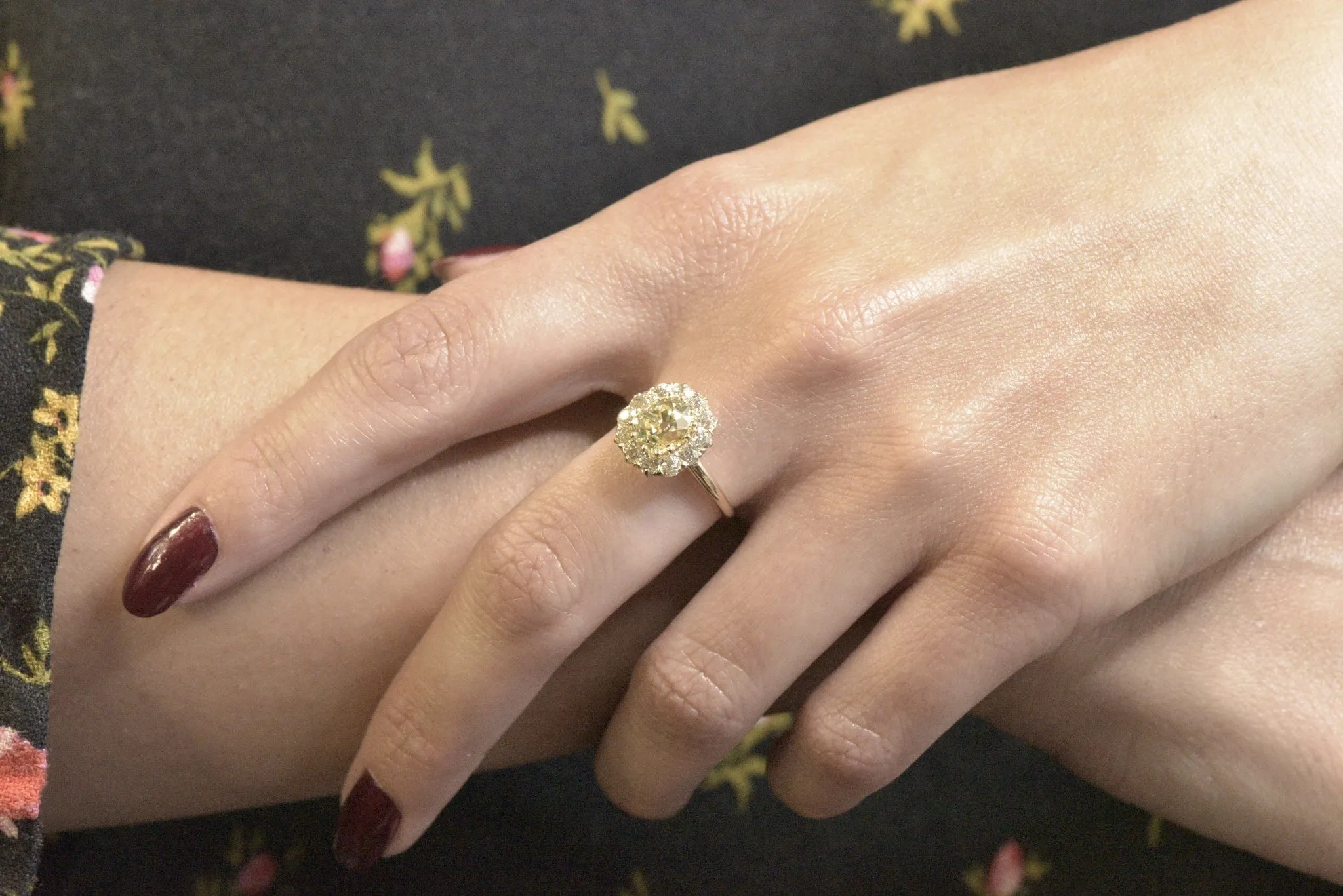 Victorian 2.59 CTW Fancy Yellow Diamond 14 Karat Gold Cluster Engagement Ring GIA