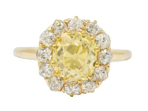 Victorian 2.59 CTW Fancy Yellow Diamond 14 Karat Gold Cluster Engagement Ring GIA