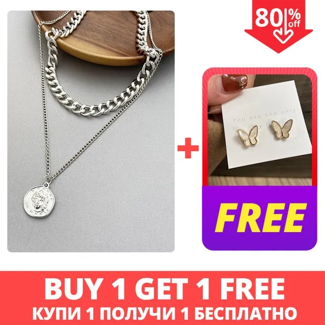 Vintage Multi-layer Coin Chain Choker Fashion Portrait Chunky Chain Necklaces Jewelry