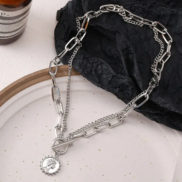 Vintage Multi-layer Coin Chain Choker Fashion Portrait Chunky Chain Necklaces Jewelry