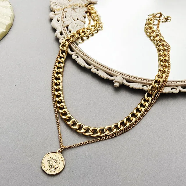 Vintage Multi-layer Coin Chain Choker Fashion Portrait Chunky Chain Necklaces Jewelry
