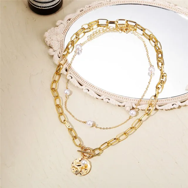 Vintage Multi-layer Coin Chain Choker Fashion Portrait Chunky Chain Necklaces Jewelry