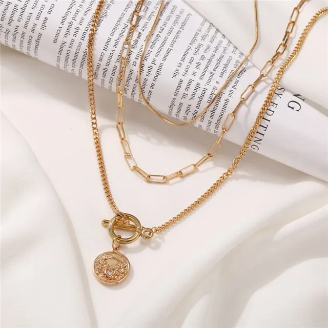 Vintage Multi-layer Coin Chain Choker Fashion Portrait Chunky Chain Necklaces Jewelry