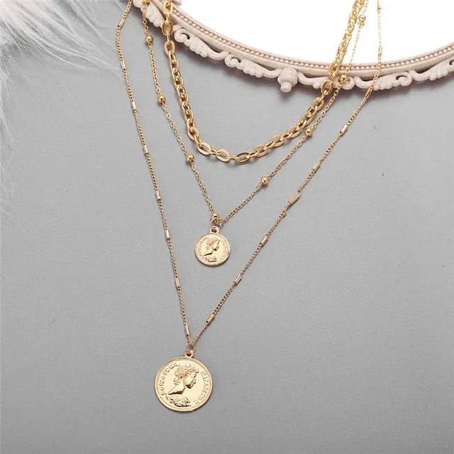 Vintage Multi-layer Coin Chain Choker Fashion Portrait Chunky Chain Necklaces Jewelry