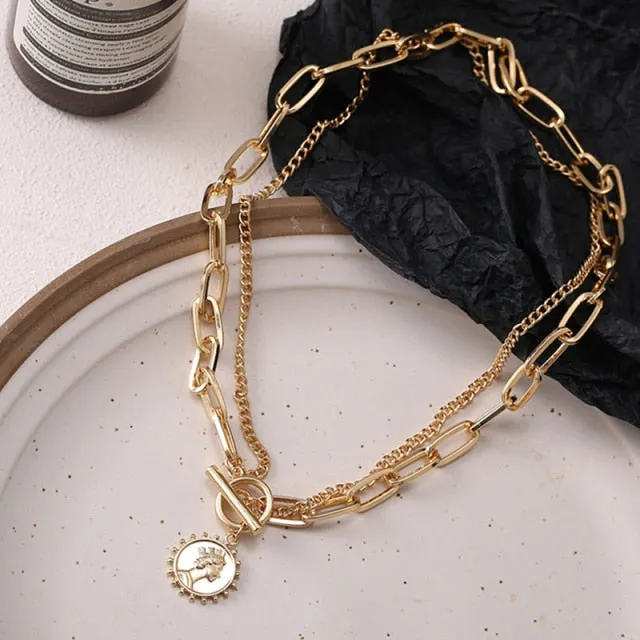 Vintage Multi-layer Coin Chain Choker Fashion Portrait Chunky Chain Necklaces Jewelry