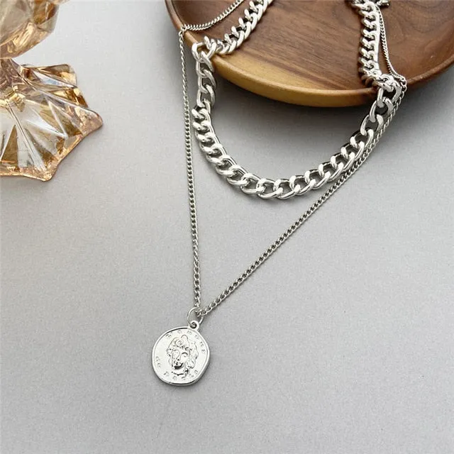 Vintage Multi-layer Coin Chain Choker Fashion Portrait Chunky Chain Necklaces Jewelry