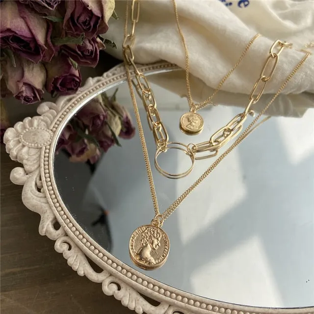 Vintage Multi-layer Coin Chain Choker Fashion Portrait Chunky Chain Necklaces Jewelry