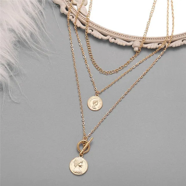 Vintage Multi-layer Coin Chain Choker Fashion Portrait Chunky Chain Necklaces Jewelry