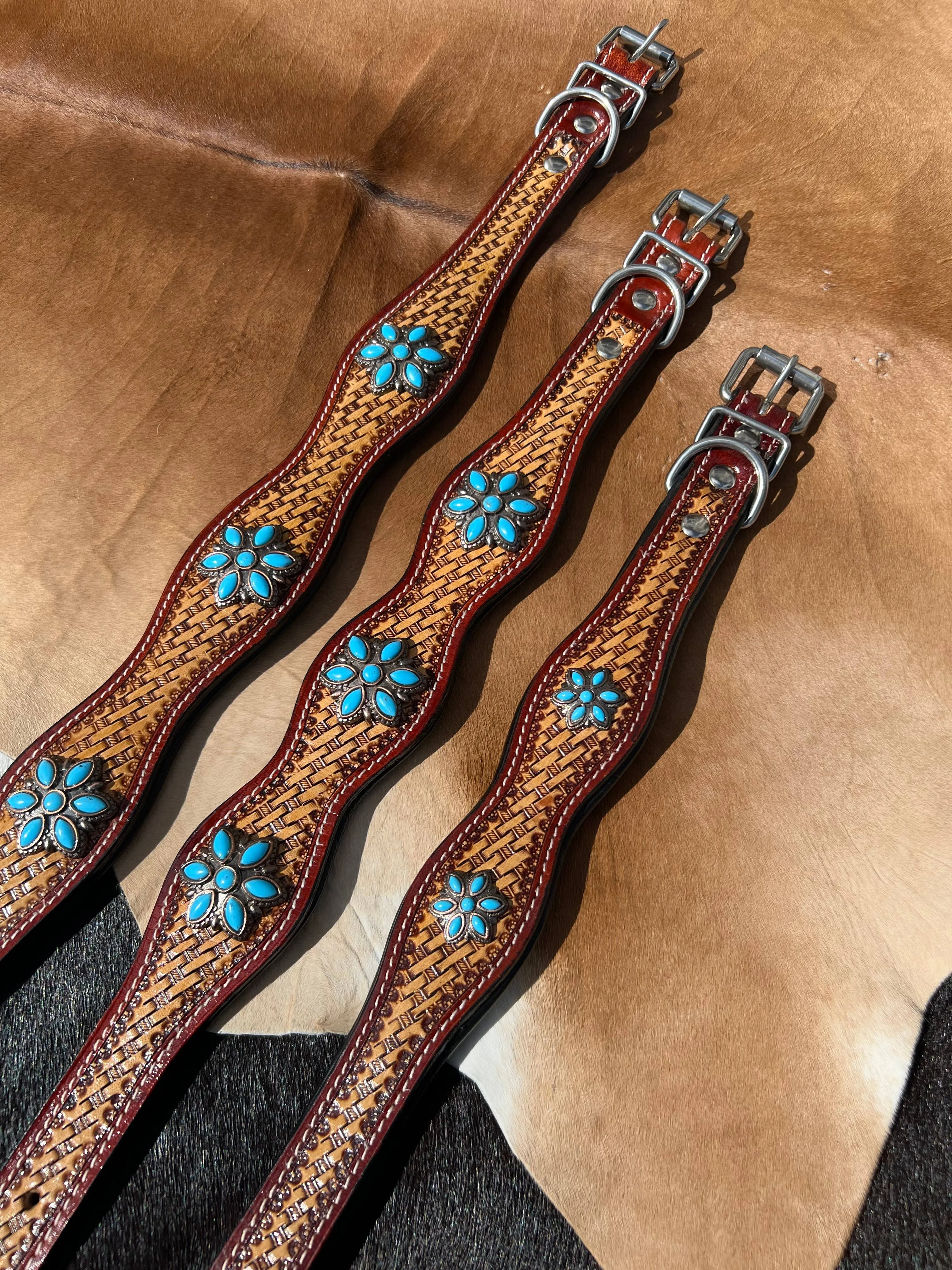 Western Basket Stamped Leather Turquoise Concho Dog Collar