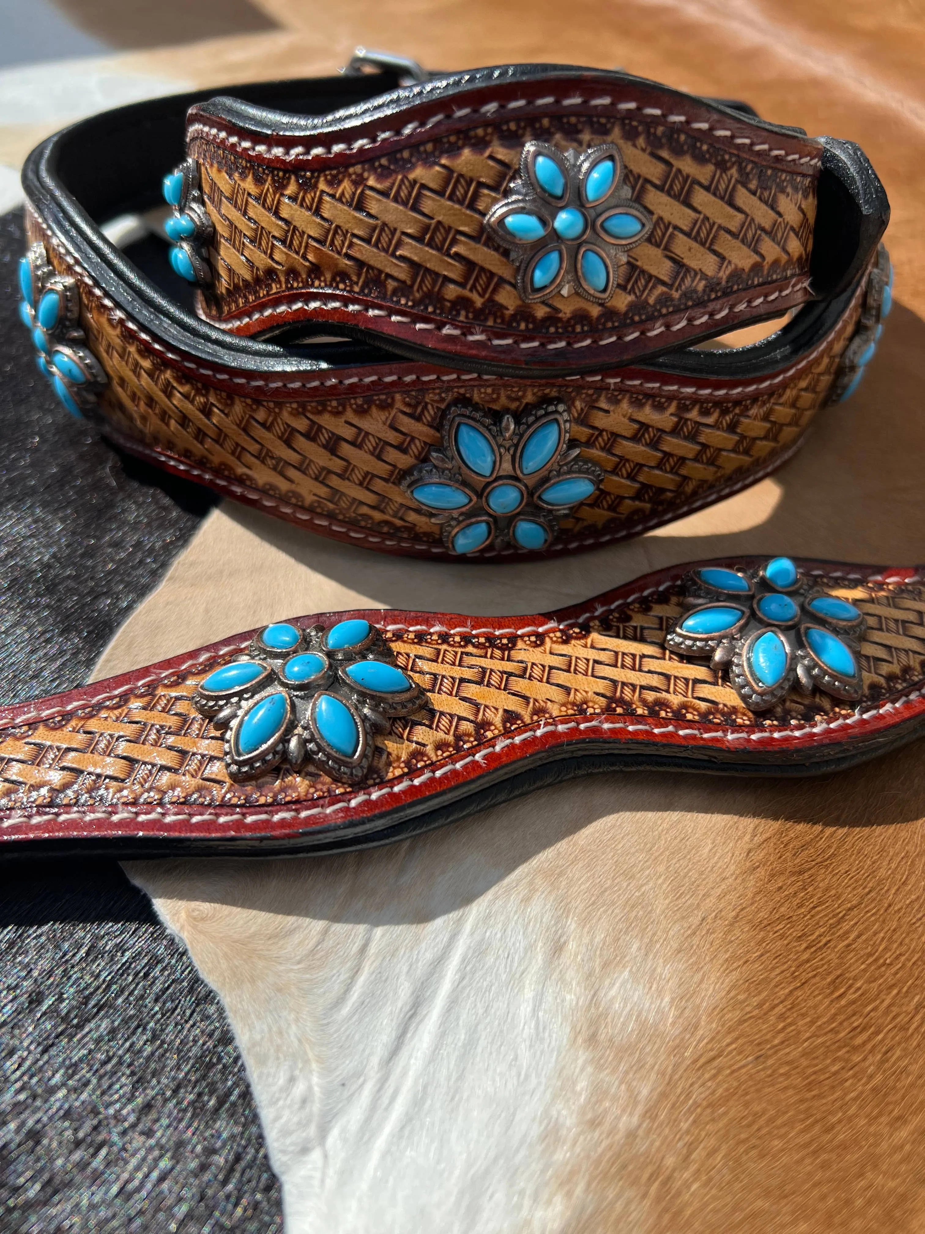Western Basket Stamped Leather Turquoise Concho Dog Collar