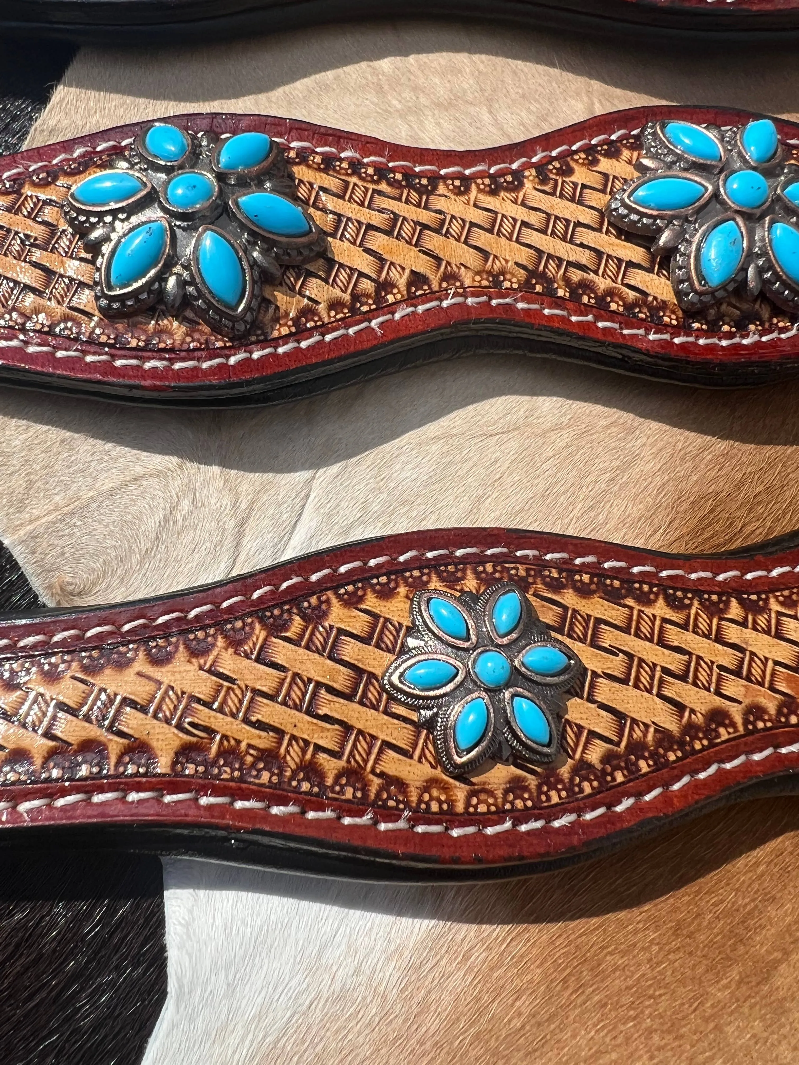 Western Basket Stamped Leather Turquoise Concho Dog Collar