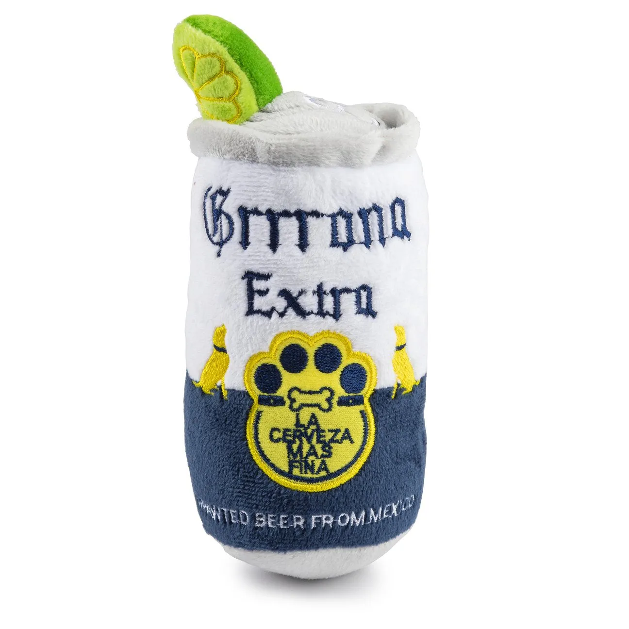 White Grrrona Can Corona Toy Plush Dog Pet Squeak Toy