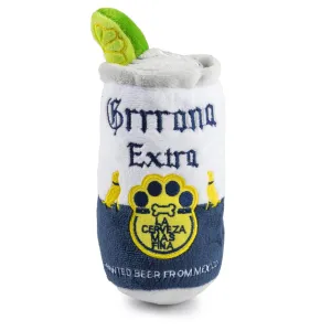 White Grrrona Can Corona Toy Plush Dog Pet Squeak Toy