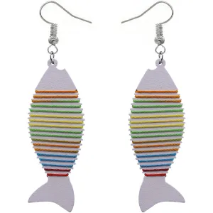 White Multicolor Wooden Woven Fish Earrings